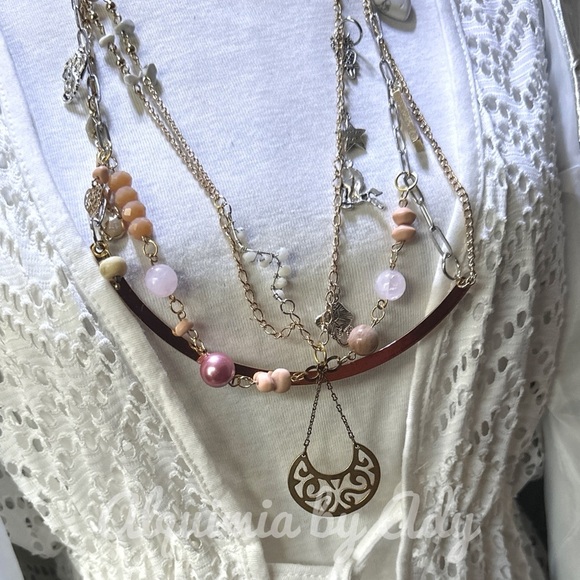 Pink quartz Howlite flower agate chunky layered multi charms necklace - Picture 5 of 5